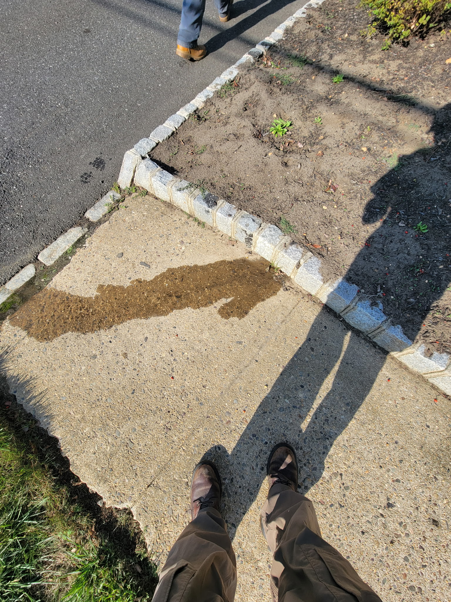 NJ irrigation repair under sidewalk. Leak is appearing from seam in stone trim.